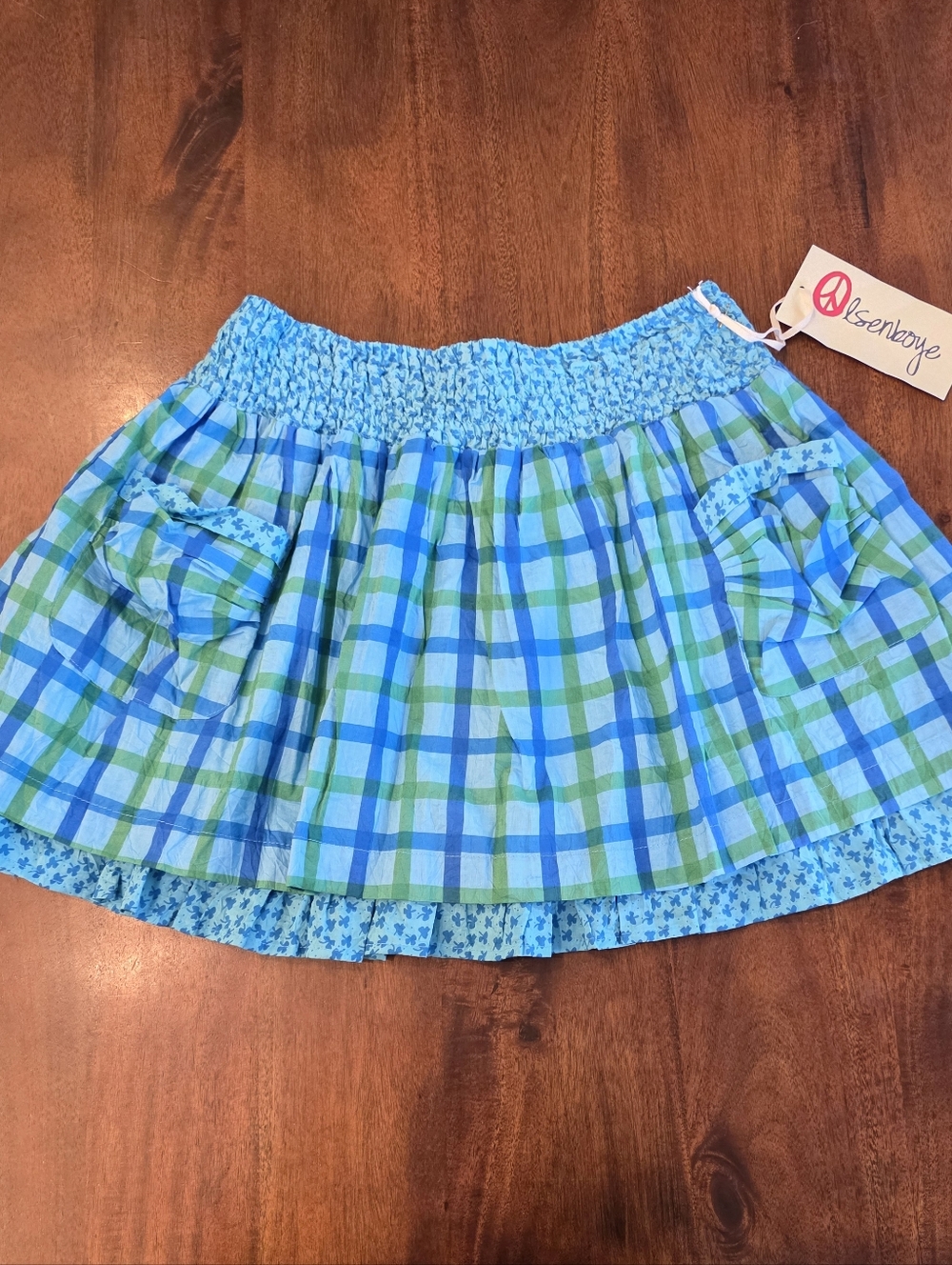 Olsenboye Juniors XL Blue Green Plaid Floral Print Boho Tiered Layer Skirt NEW